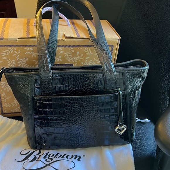 Brighton black croco embossed leather handbag accented with silver hearts - Picture 2 of 9